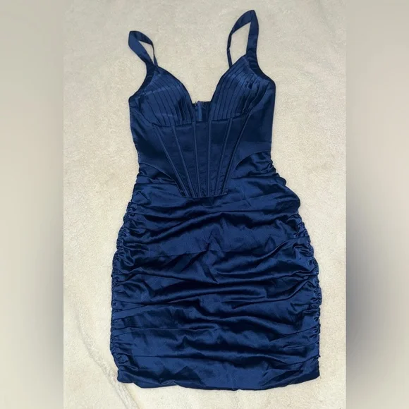 Elegant Navy Blue Silk Ruched Dress - Picture 1 of 5